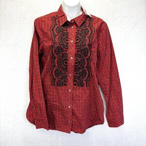 NWT J Crew Button Up Christmas Shirt Blouse Womens 8 Red Black Plaid Beaded Lace